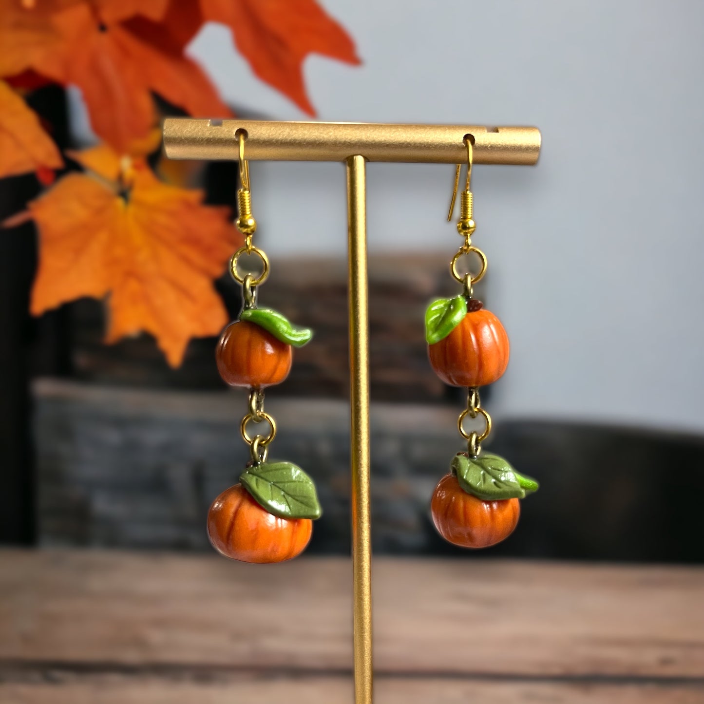 Handmade clay pumpkin patch dangle earrings 