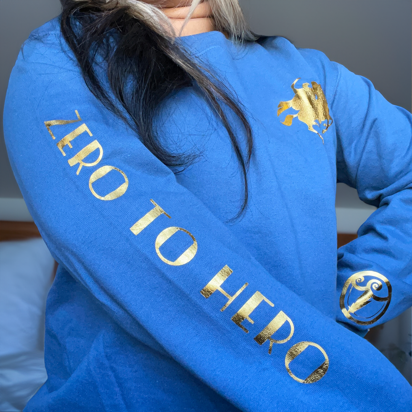 Zero to Hero Decorative Gold Foil Hercules Blue Adult Cotton Crew Neck Sweater