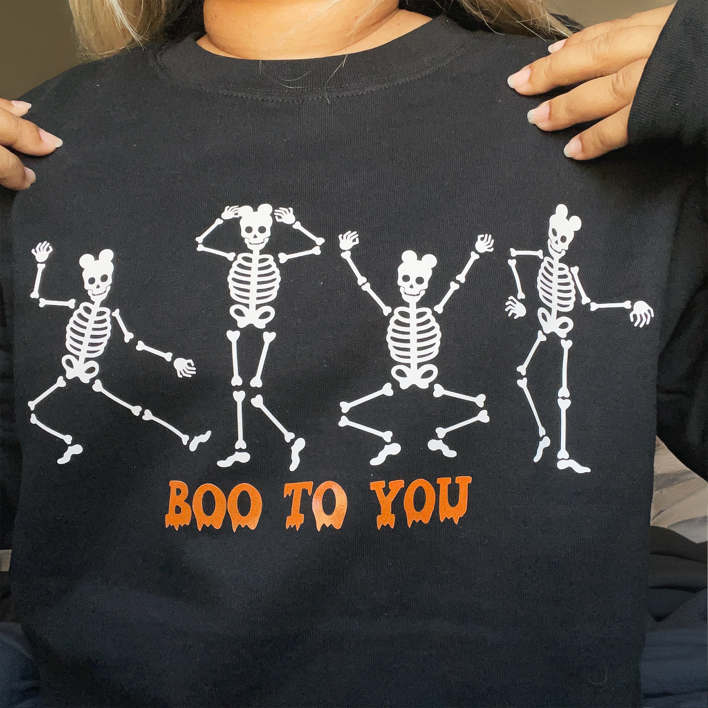 Boo to you Dancing Skeletons Black Adult Crew Neck Cotton Sweater