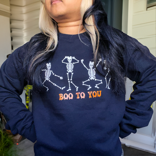 Boo to you Dancing Skeletons Black Adult Crew Neck Cotton Sweater