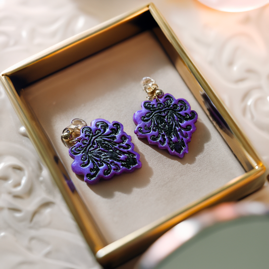 Purple Haunted Mansion Wallpaper Handmade Polymer Clay Dangle Earrings with Hypoallergenic Studs