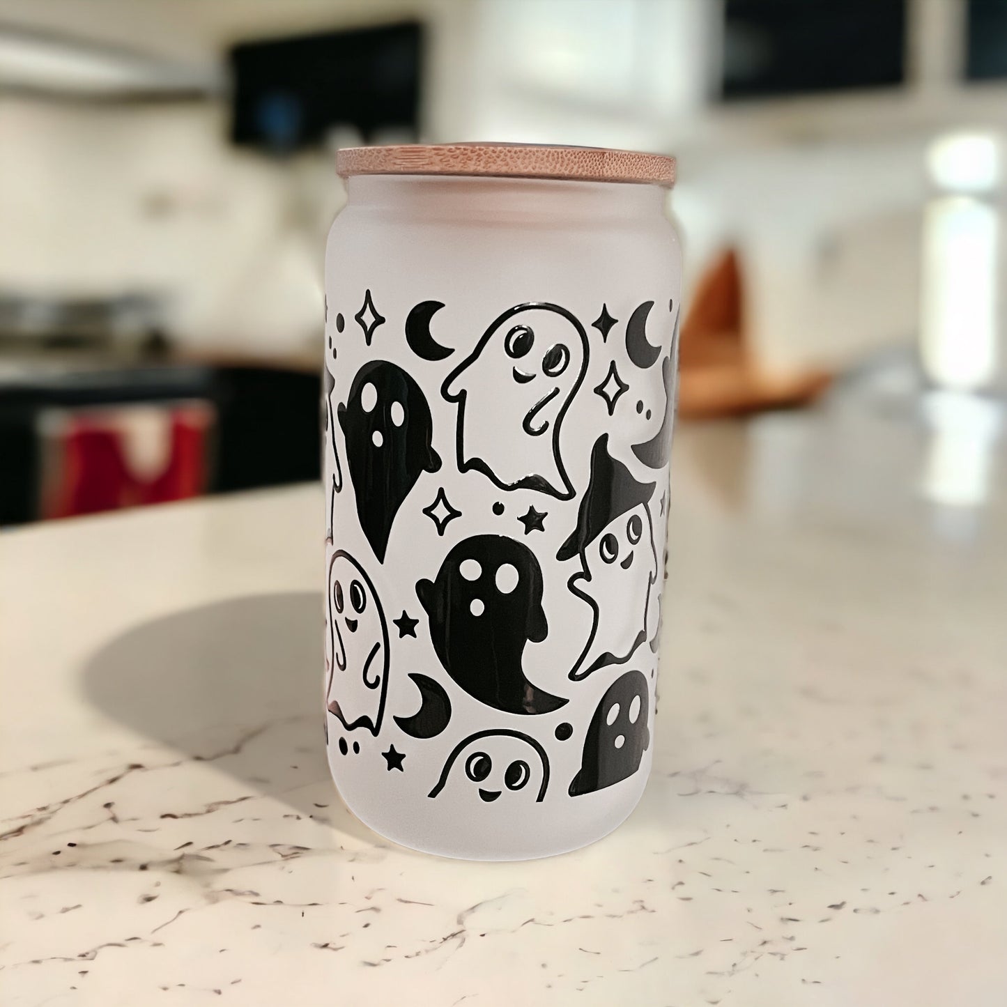 Playful Ghosts 16oz Frosted Beer Can Glass with Bamboo Lid and Straw - Perfect Glass Beer Can for Halloween Parties and Festivities!