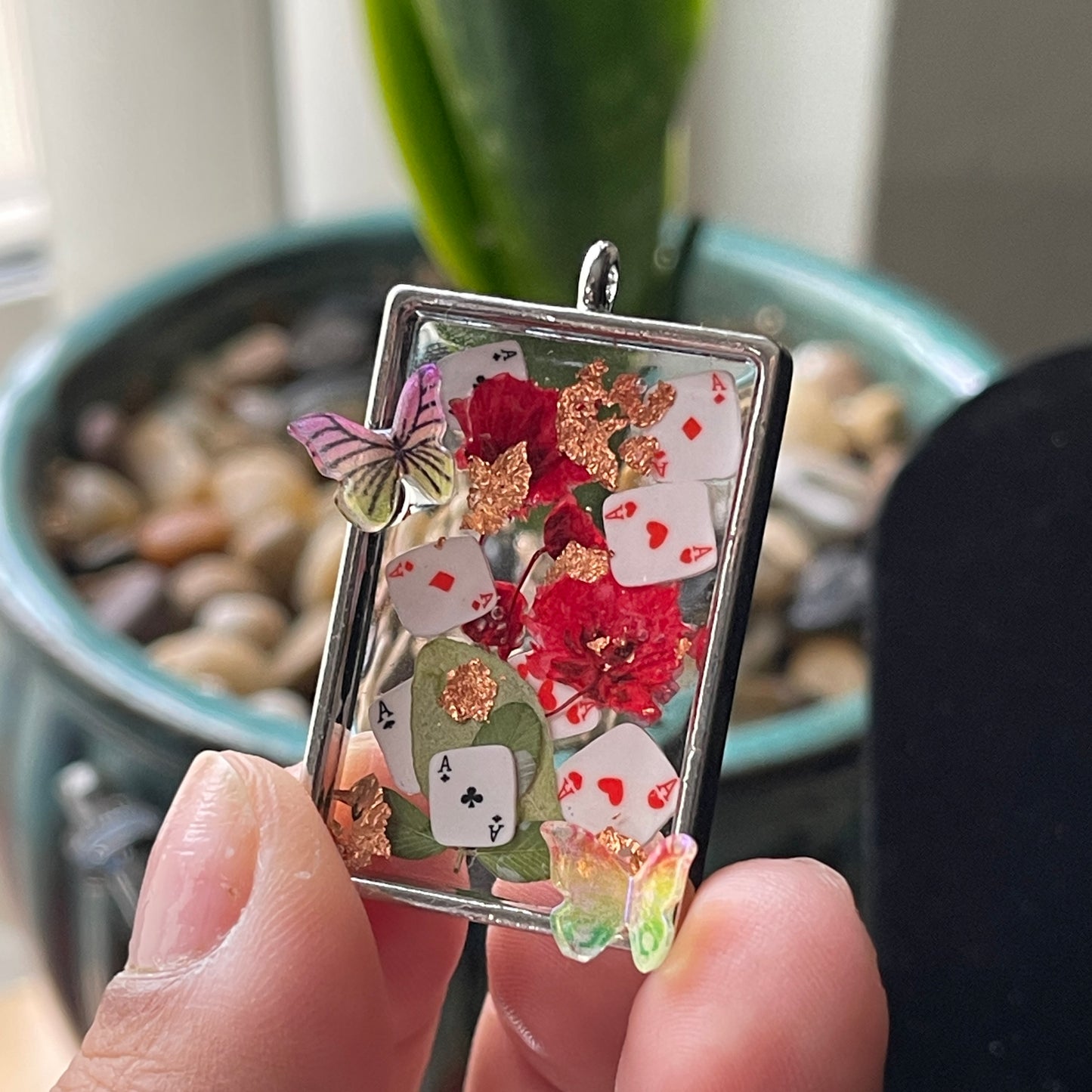Queen of Hearts Wonderland Playing Cards Butterflies Resin Jewelry Pendant Necklaces