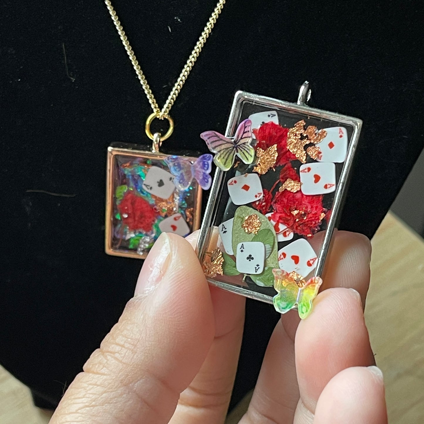 Queen of Hearts Wonderland Playing Cards Butterflies Resin Jewelry Pendant Necklaces