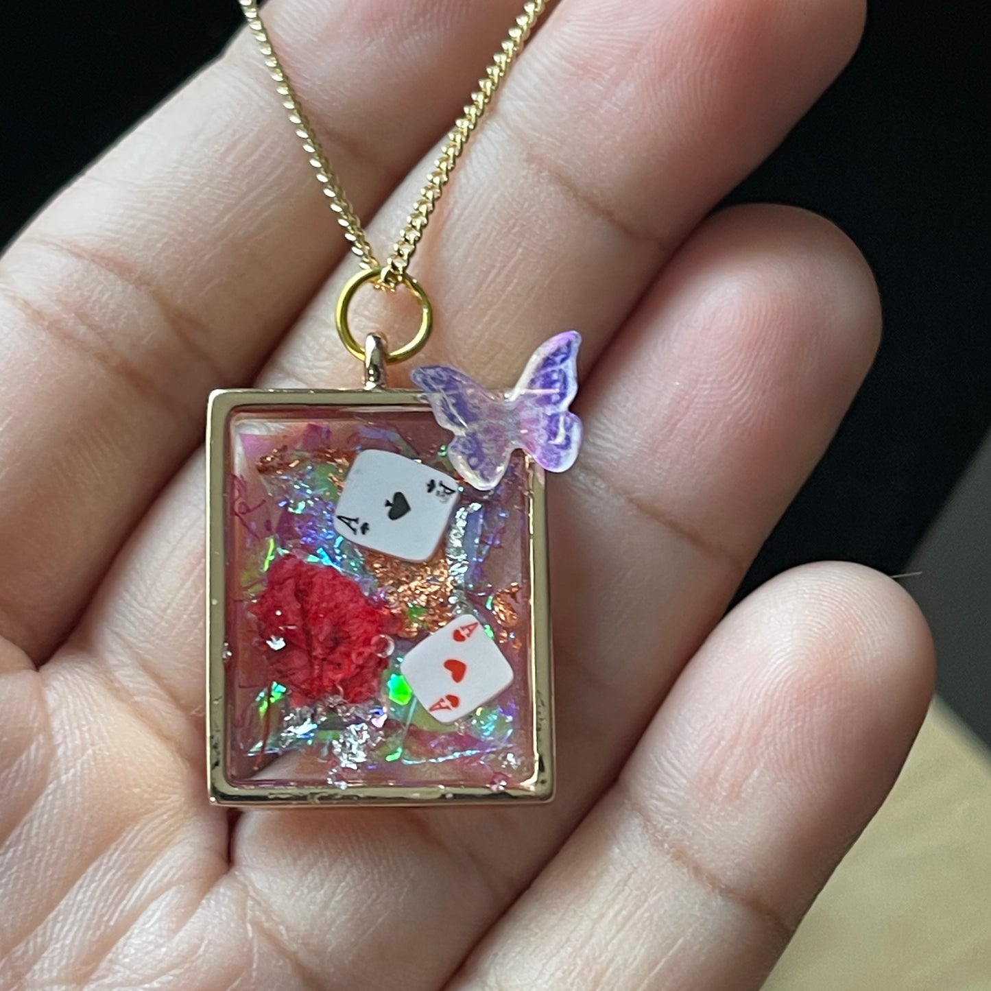 Queen of Hearts Wonderland Playing Cards Butterflies Resin Jewelry Pendant Necklaces