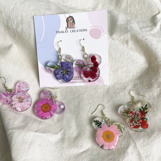 Floral Clear Resin Mickey Dangle Earrings 2.5" - TinakayCreations