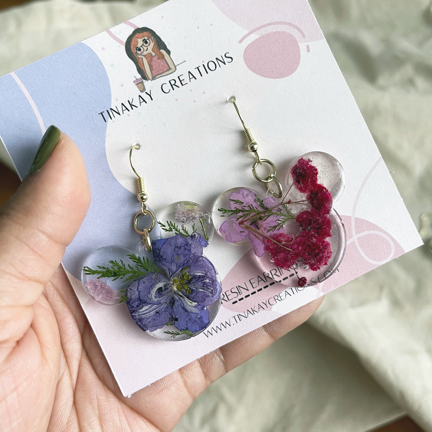 Floral Clear Resin Mickey Dangle Earrings 2.5" - TinakayCreations