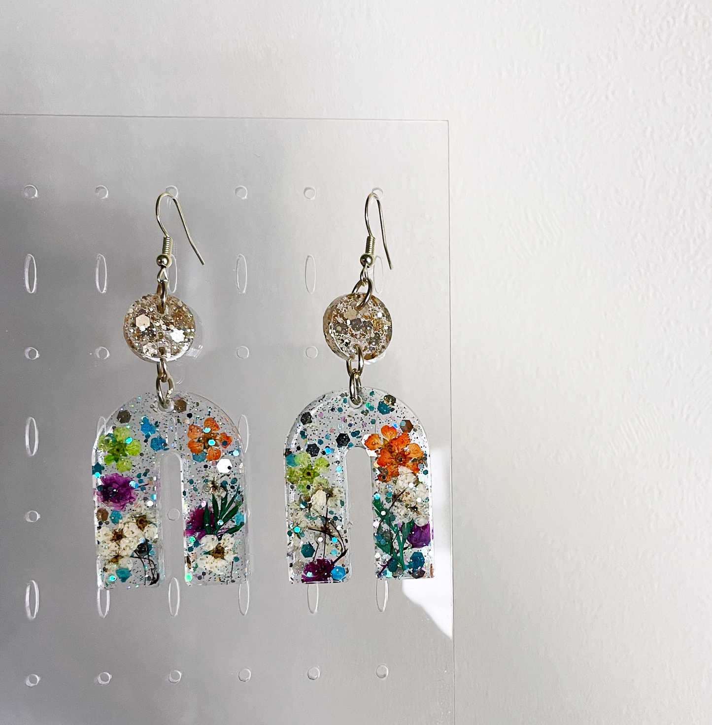 Floral Mixed Glitter Long Dangle Blue and Gold Handmade U-Shaped Resin Earrings - TinakayCreations