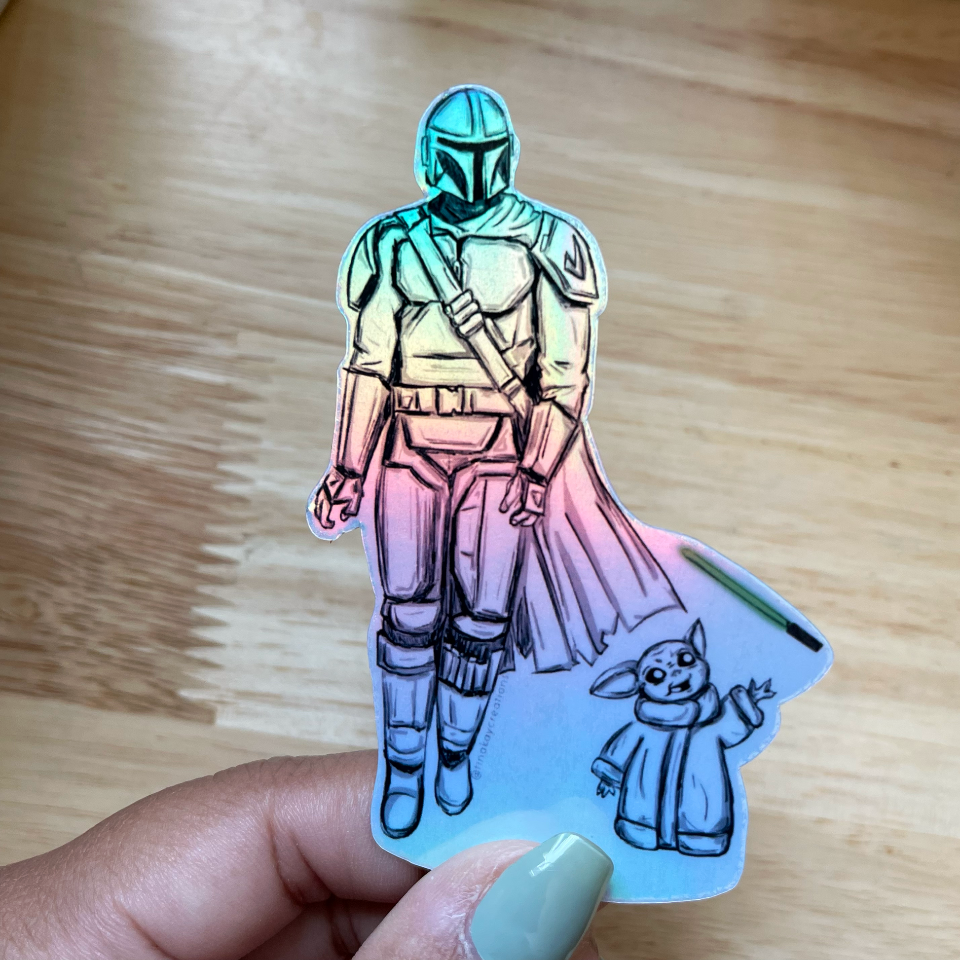 Holographic Mandalorian and Grogu Black Grayscale Sketch Water Resistant Die Cut Sticker - TinakayCreations