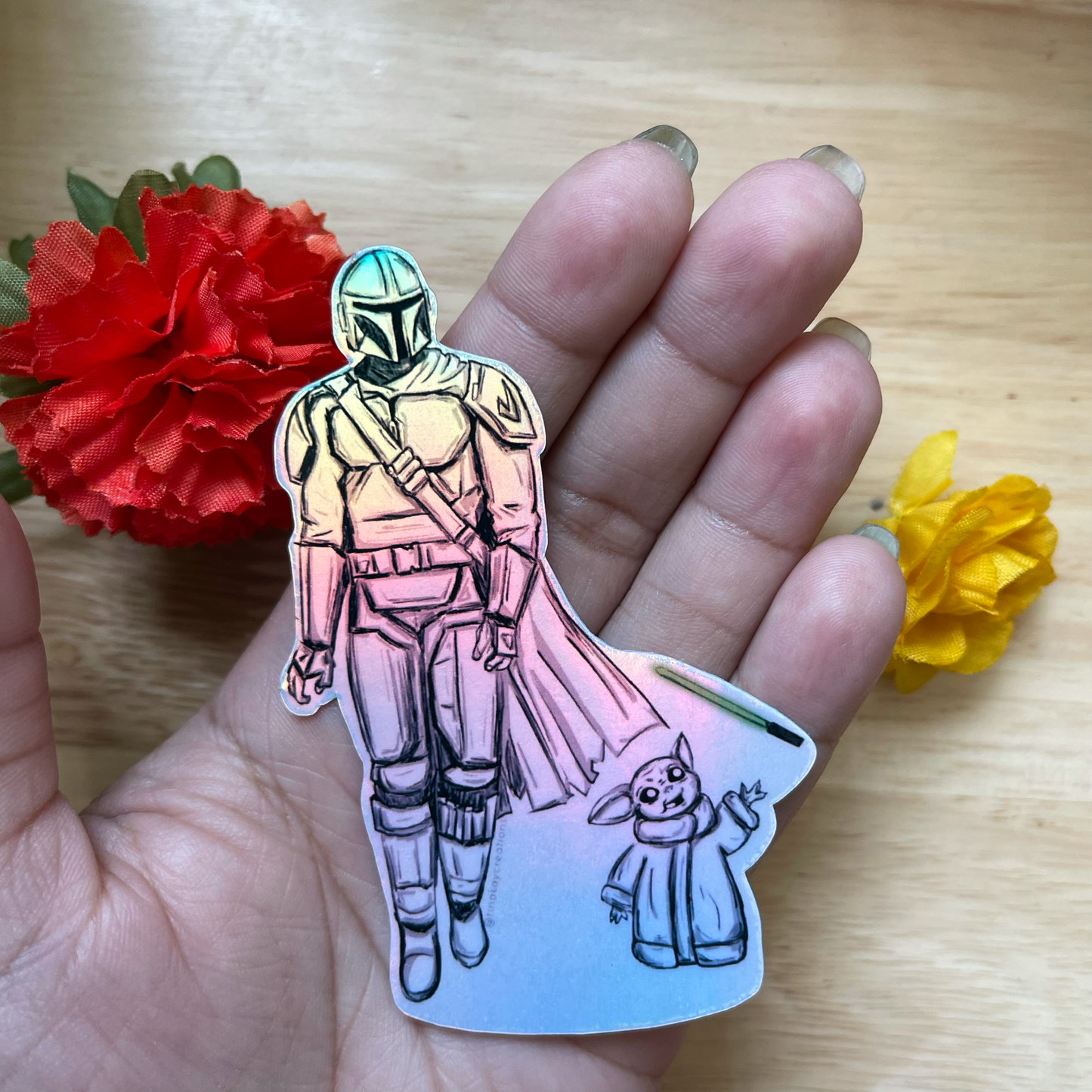 Holographic Mandalorian and Grogu Black Grayscale Sketch Water Resistant Die Cut Sticker - TinakayCreations