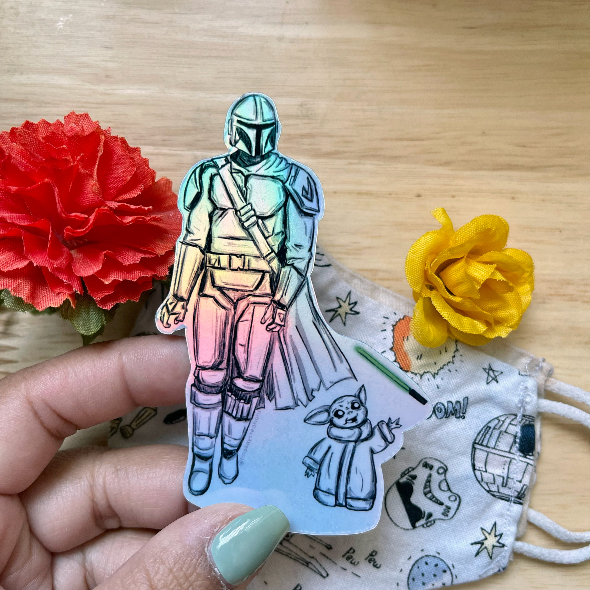 Holographic Mandalorian and Grogu Black Grayscale Sketch Water Resistant Die Cut Sticker - TinakayCreations