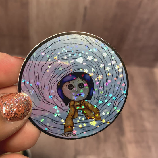 coraline holographic sticker glitter buttons fan art circle sticker shop tunnel star glitter holo
