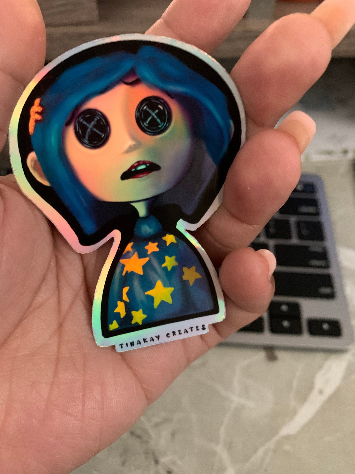Holographic Coraline Button Eyes Art Sticker Decor - TinakayCreations