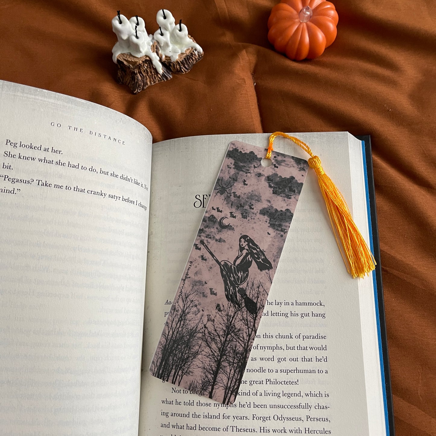 Black and White Soaring Witch Spooky Bookmark with Tassel Gift