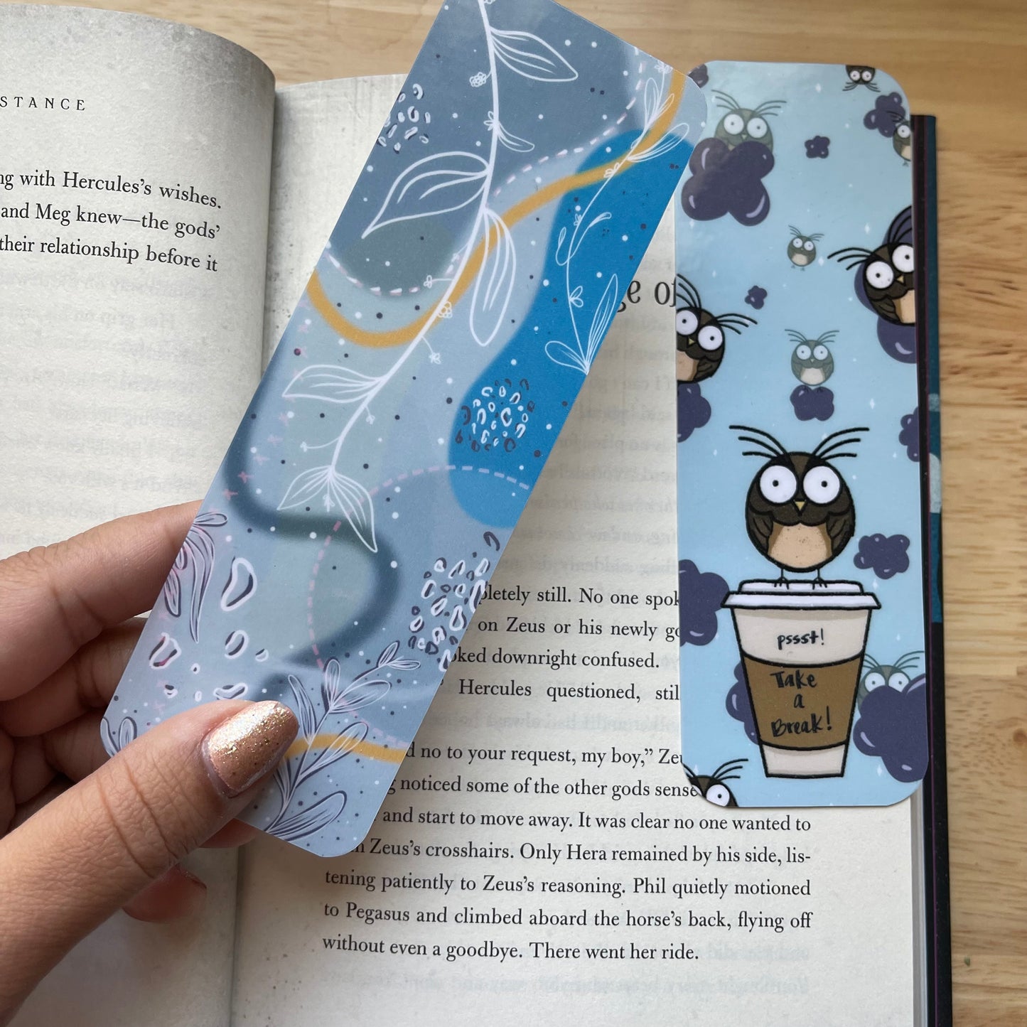Simple Monochromatic Coffee Break Caffeinated Owl Laminated Boho Blue Swirls Bookmark Set of 2 - TinakayCreations